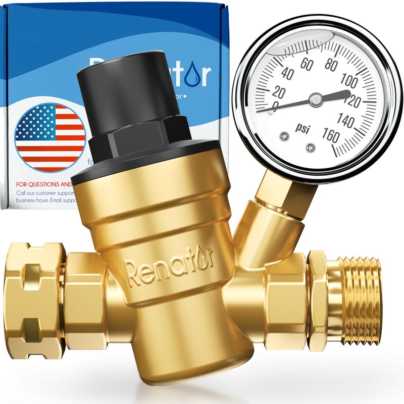 Renator RV Water Pressure Regulator for RV Camper. Brass Lead-free Adjustable Water Pressure Regulator with Gauge for Camper Travel Trailer, Reducer Valve W Filter. M11-0660R. - Image 1